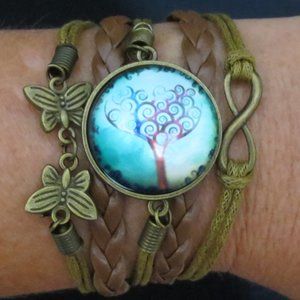 New World Glass Bracelet Colorful Tree of Life Cabochon Brass Leather Unisex 7"